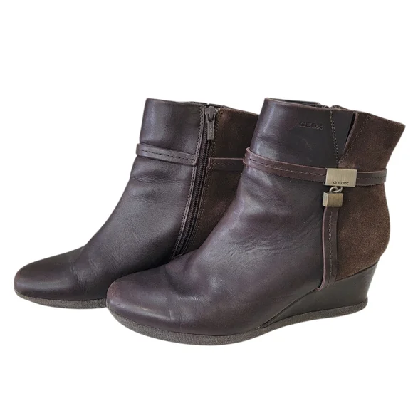 Geox Respira Amelia Brown Ankle Boots Suede Leather Wedge Booties Women’s 38.5 - Picture 2 of 16